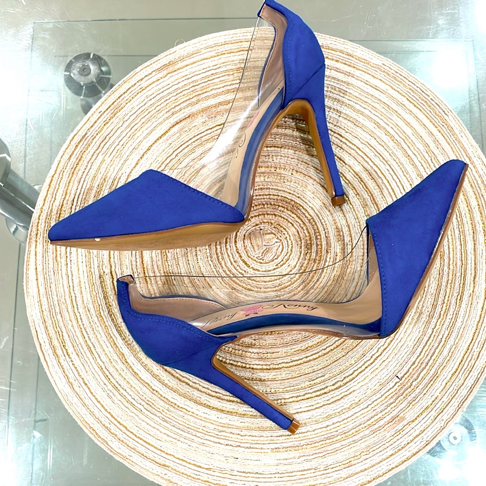 NIB Azure blue suedette clear side 4” stiletto heels new in box 7W fits like 7M